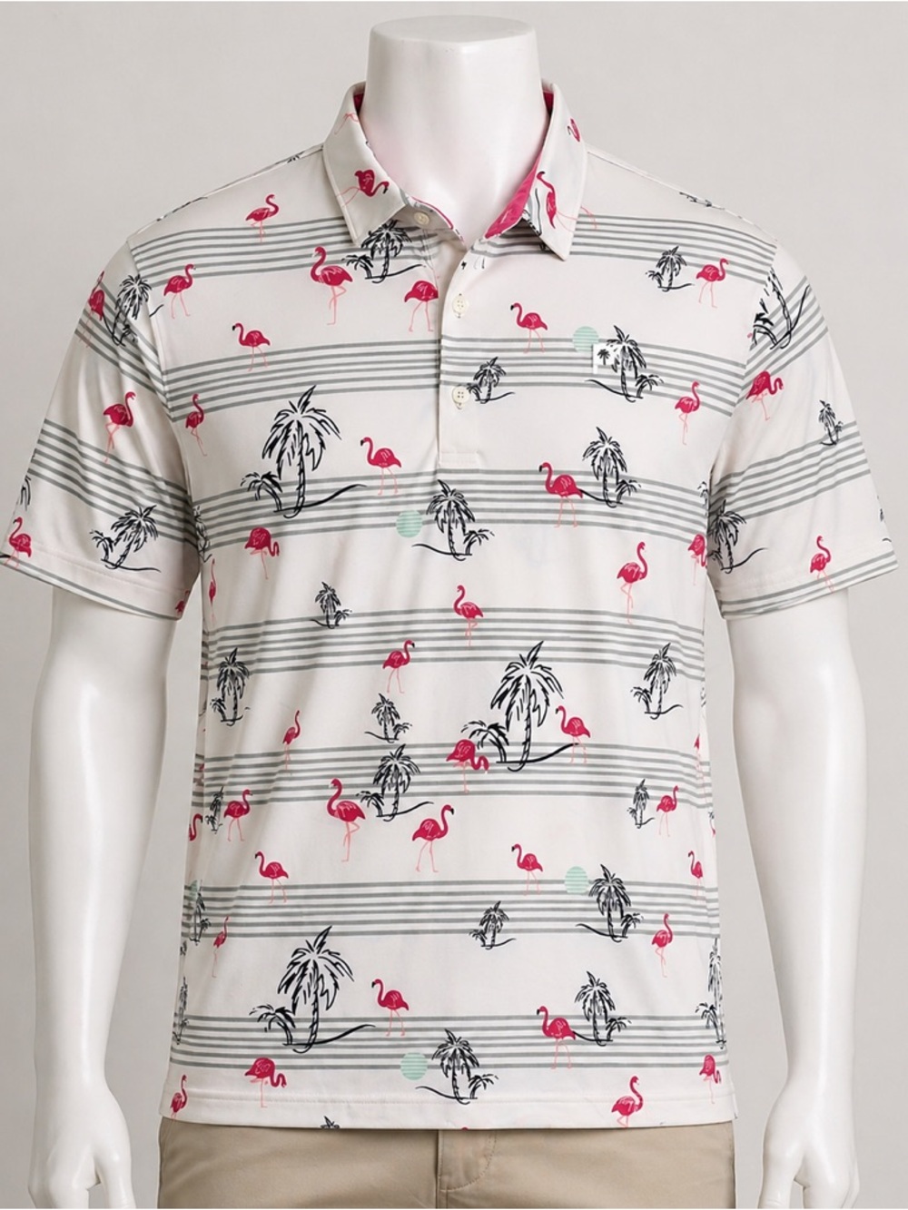 Puma White Golf Polo with Pink Flamingo & Gray Stripes Mens XL
